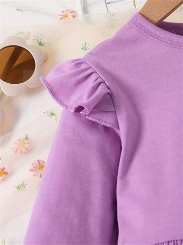 1 Set Girls Ruffle Hem Decor Long Sleeve Pullover Top + Floral Print Pants, Autumn/Winter Outfit