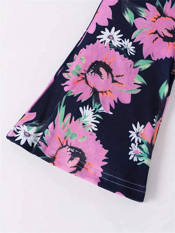 1 Set Girls Ruffle Hem Decor Long Sleeve Pullover Top + Floral Print Pants, Autumn/Winter Outfit