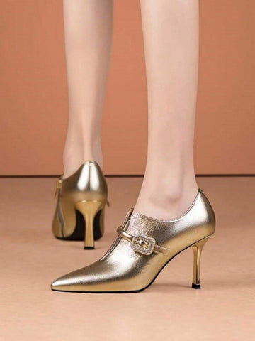 Fashionable Gold Stilettos Women High Heel Pointed Toe Genuine Leather Ankle Boots With Design Element, For Spring/Autumn