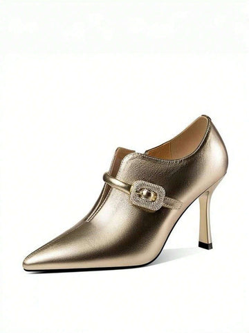 Fashionable Gold Stilettos Women High Heel Pointed Toe Genuine Leather Ankle Boots With Design Element, For Spring/Autumn