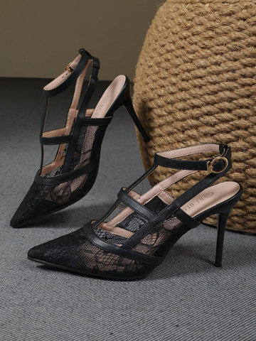 Trendy Thin Heeled Pointed Toe One-Strap Mesh Shallow Mouth High Heel Pumps