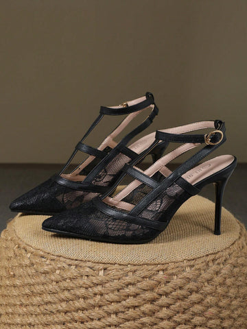 Trendy Thin Heeled Pointed Toe One-Strap Mesh Shallow Mouth High Heel Pumps