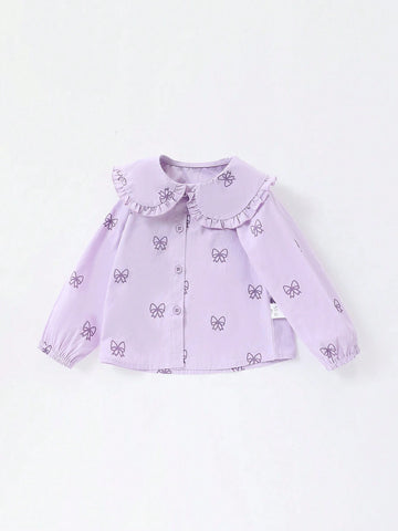 1pc/Set Toddler Girls' Sweet Bow Print Ruffle Collar Long Sleeve Blouse, Spring & Fall