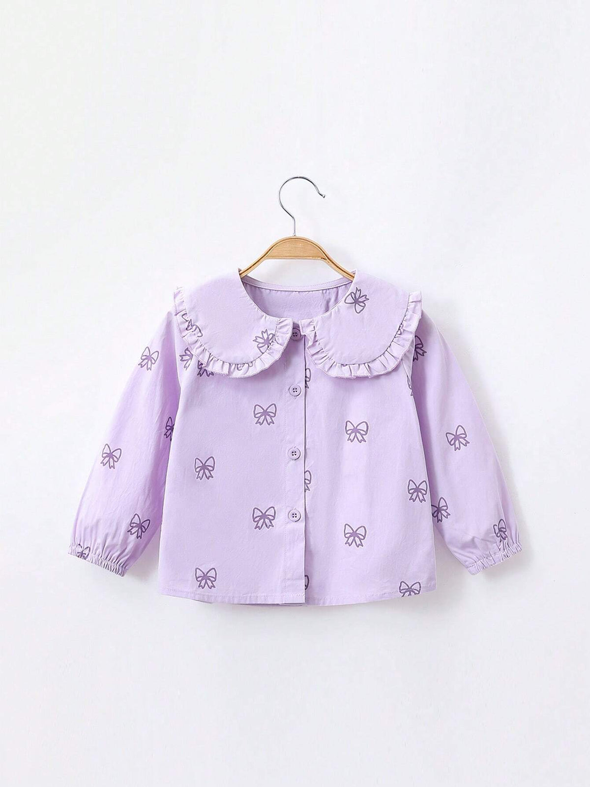1pc/Set Toddler Girls' Sweet Bow Print Ruffle Collar Long Sleeve Blouse, Spring & Fall