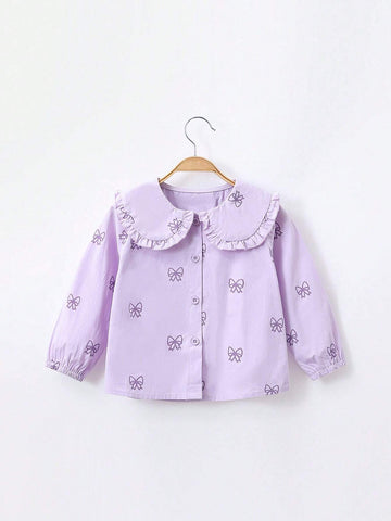 1pc/Set Toddler Girls' Sweet Bow Print Ruffle Collar Long Sleeve Blouse, Spring & Fall