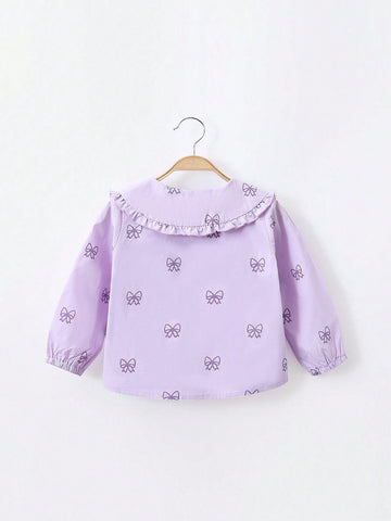 1pc/Set Toddler Girls' Sweet Bow Print Ruffle Collar Long Sleeve Blouse, Spring & Fall