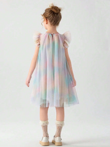 1pc Baby Girls" Sand Art Colored Flying-Sleeve Rainbow Gradient Mesh Princess Dress