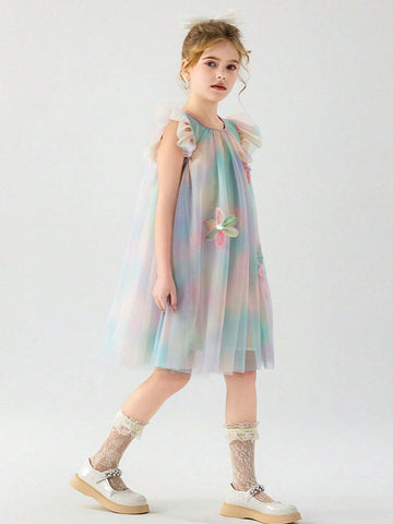 1pc Baby Girls" Sand Art Colored Flying-Sleeve Rainbow Gradient Mesh Princess Dress