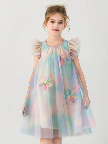 1pc Baby Girls" Sand Art Colored Flying-Sleeve Rainbow Gradient Mesh Princess Dress