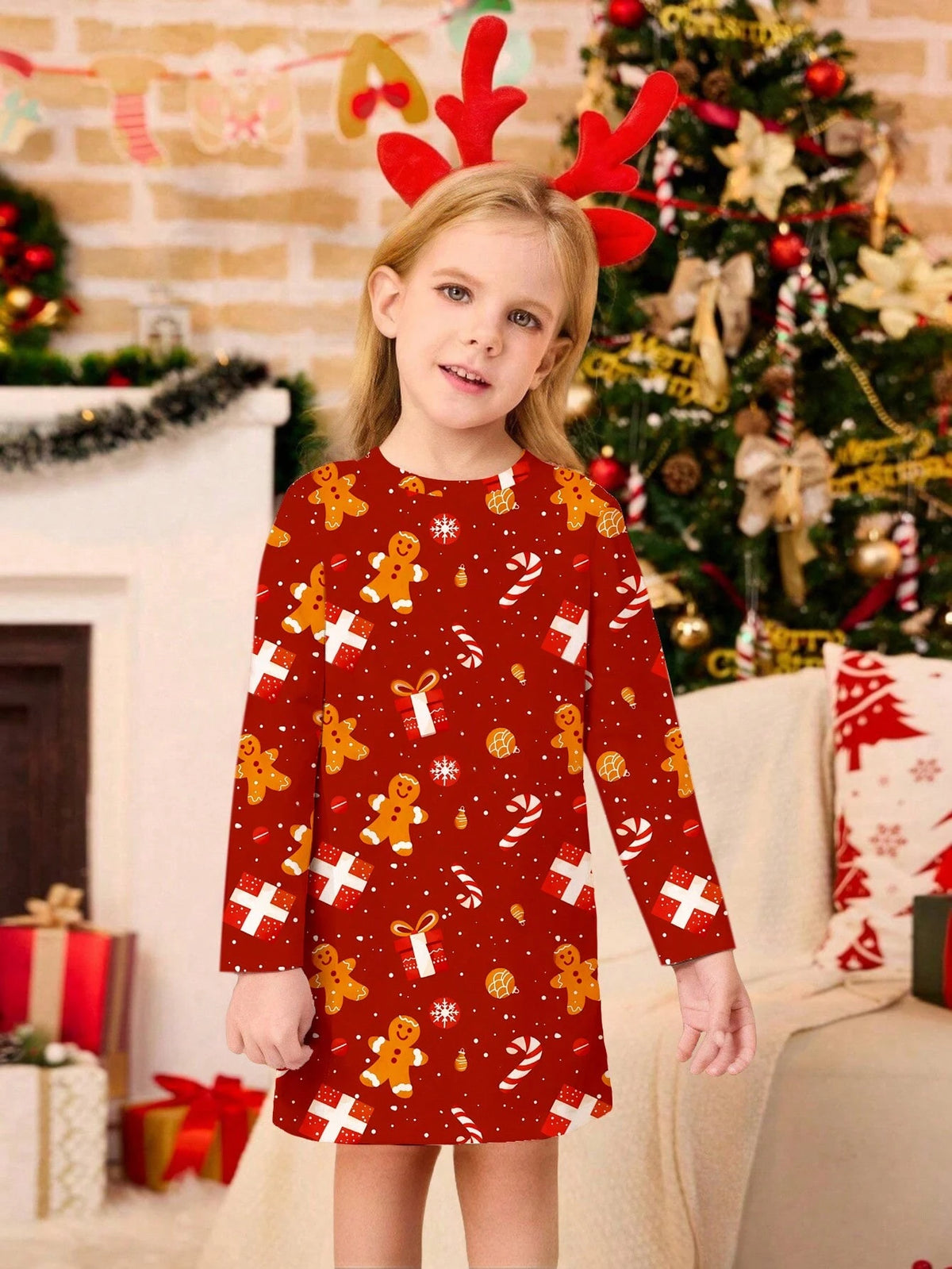 1pc Christmas Gingerbread Man & Snowflake Print Long Sleeve Girls Casual Dress, Ideal For Christmas Party Outfit