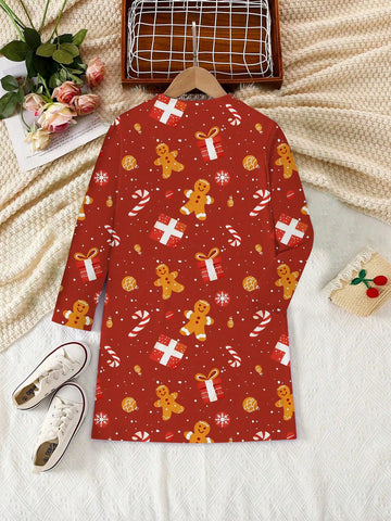 1pc Christmas Gingerbread Man & Snowflake Print Long Sleeve Girls Casual Dress, Ideal For Christmas Party Outfit
