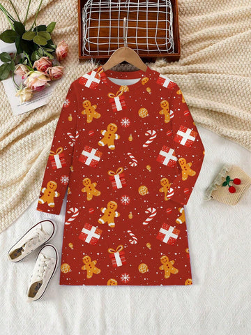 1pc Christmas Gingerbread Man & Snowflake Print Long Sleeve Girls Casual Dress, Ideal For Christmas Party Outfit