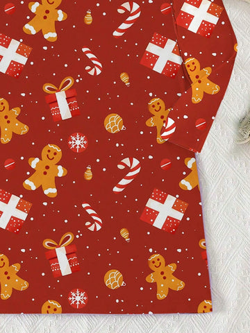 1pc Christmas Gingerbread Man & Snowflake Print Long Sleeve Girls Casual Dress, Ideal For Christmas Party Outfit