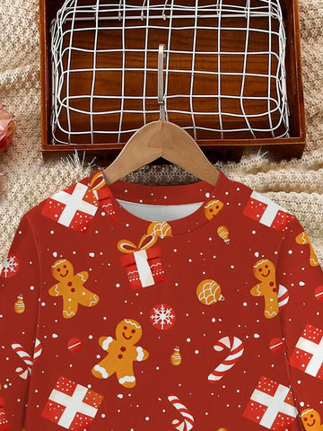 1pc Christmas Gingerbread Man & Snowflake Print Long Sleeve Girls Casual Dress, Ideal For Christmas Party Outfit