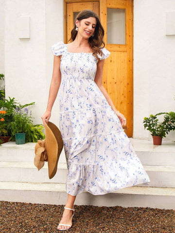 1pc Ditsy Floral Ruffle Hem Dress For Summer Vacation