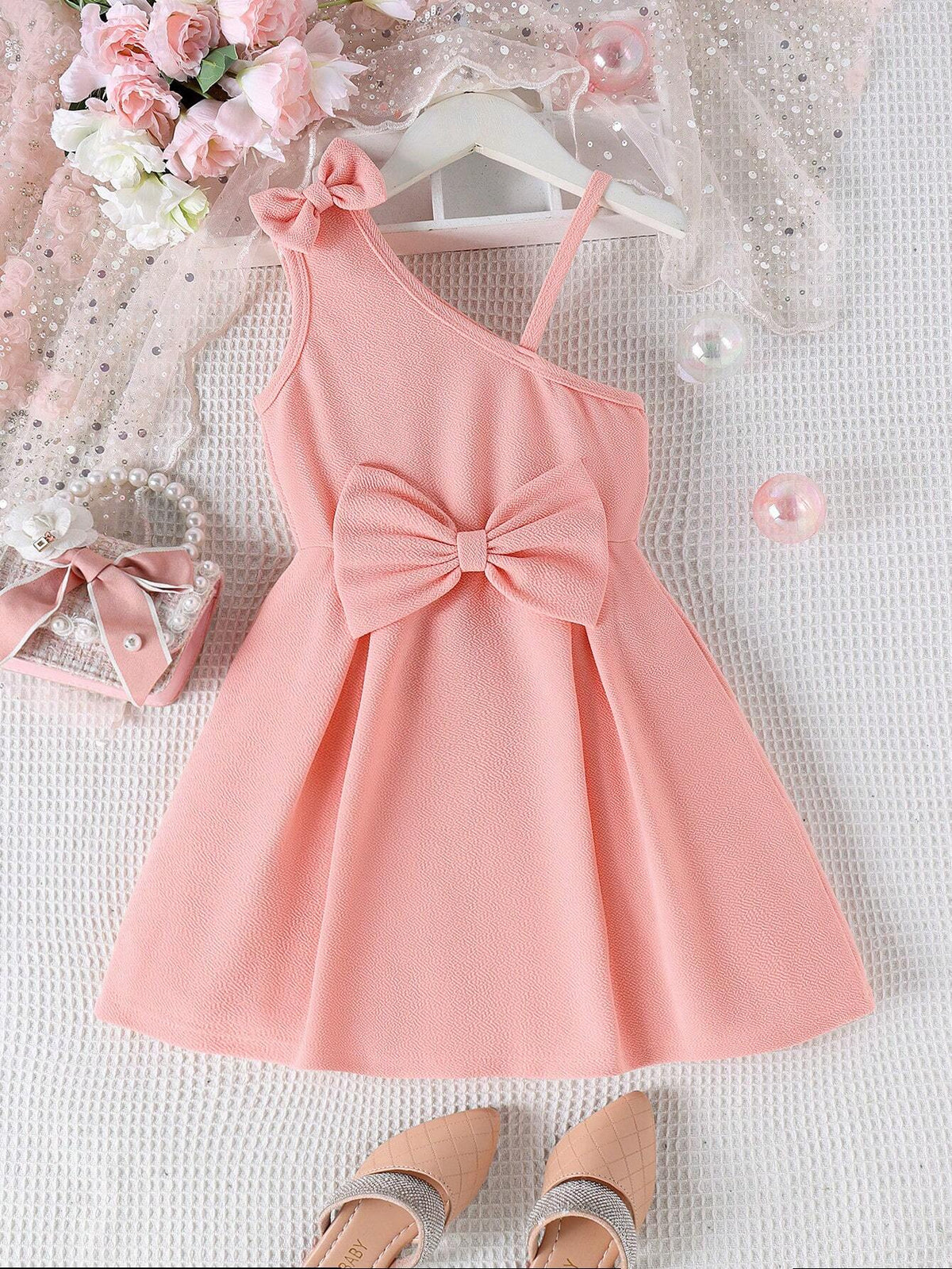 1pc Elegant And Fashionable Oblique-Shoulder Spaghetti Strap Dress For Toddler Girls, Lightweight And Lightweight, Summer