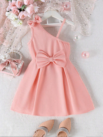 1pc Elegant And Fashionable Oblique-Shoulder Spaghetti Strap Dress For Toddler Girls, Lightweight And Lightweight, Summer