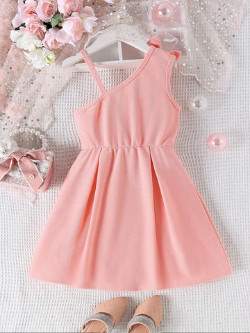 1pc Elegant And Fashionable Oblique-Shoulder Spaghetti Strap Dress For Toddler Girls, Lightweight And Lightweight, Summer
