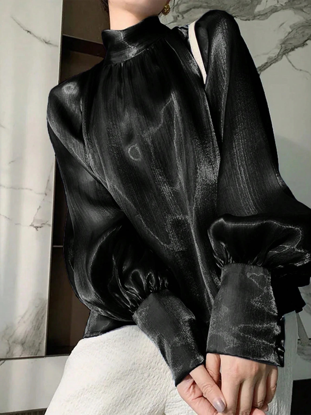 1pc Elegant And Fashionable Puff Sleeve High Neck Long Sleeve Retro Collar Tie Front Blouse