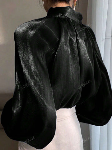 1pc Elegant And Fashionable Puff Sleeve High Neck Long Sleeve Retro Collar Tie Front Blouse