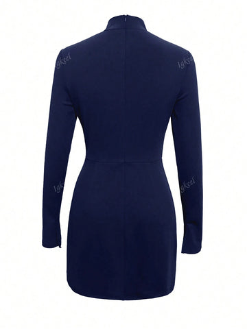 1pc Elegant Long Sleeve Fitted Solid Color Mini Dress, Autumn
