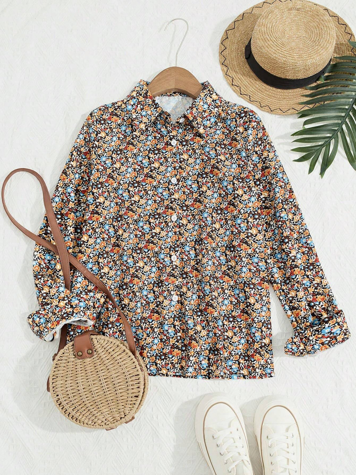 1pc Elegant Tiny Ditsy Floral Long Sleeve Collared Shirt For Women - Non-Sheer, Suitable For Spring & Autumn