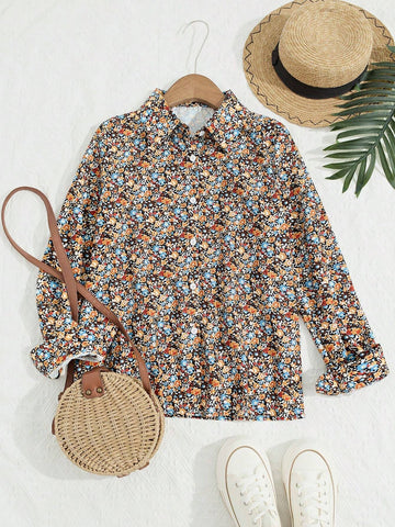 1pc Elegant Tiny Ditsy Floral Long Sleeve Collared Shirt For Women - Non-Sheer, Suitable For Spring & Autumn