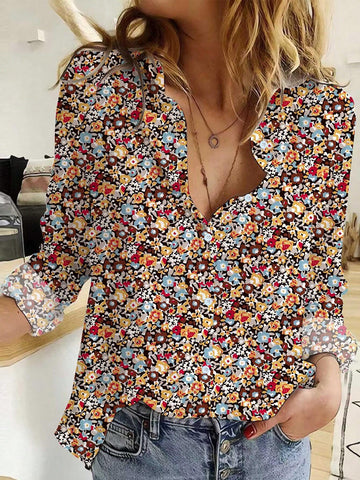 1pc Elegant Tiny Ditsy Floral Long Sleeve Collared Shirt For Women - Non-Sheer, Suitable For Spring & Autumn