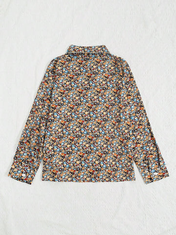 1pc Elegant Tiny Ditsy Floral Long Sleeve Collared Shirt For Women - Non-Sheer, Suitable For Spring & Autumn