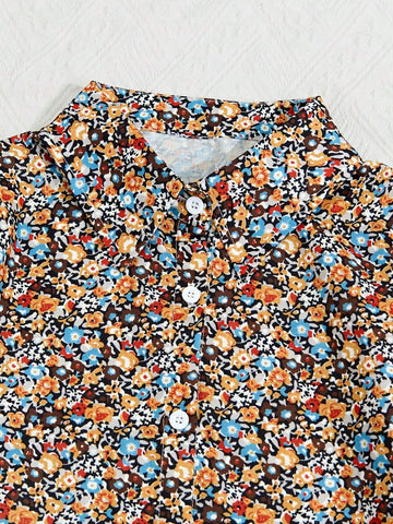 1pc Elegant Tiny Ditsy Floral Long Sleeve Collared Shirt For Women - Non-Sheer, Suitable For Spring & Autumn
