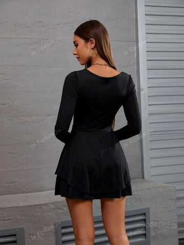 1pc European & American Cross-Border Hot Selling 2024 New Extended Long Sleeve Ladies Long Sleeve Dress, Ruffled Lapel Square Collar Double Layer Pleated Skirt, Fashionable Elegant Fitted Dress