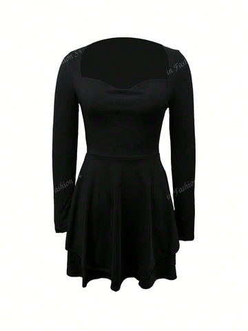 1pc European & American Cross-Border Hot Selling 2024 New Extended Long Sleeve Ladies Long Sleeve Dress, Ruffled Lapel Square Collar Double Layer Pleated Skirt, Fashionable Elegant Fitted Dress