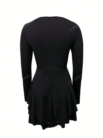 1pc European & American Cross-Border Hot Selling 2024 New Extended Long Sleeve Ladies Long Sleeve Dress, Ruffled Lapel Square Collar Double Layer Pleated Skirt, Fashionable Elegant Fitted Dress