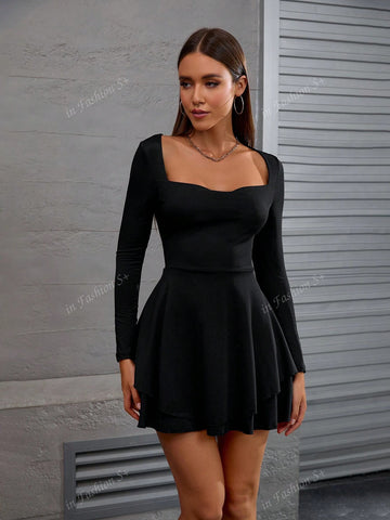 1pc European & American Cross-Border Hot Selling 2024 New Extended Long Sleeve Ladies Long Sleeve Dress, Ruffled Lapel Square Collar Double Layer Pleated Skirt, Fashionable Elegant Fitted Dress