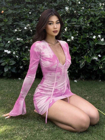 1pc Fashion Sexy Women's Tie-Dye Print Ruched Long Sleeve Dress