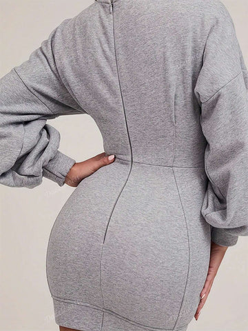 1pc Fashion Solid Color Bodycon Sweatshirt Dress With Long Sleeves, Autumn/Winter