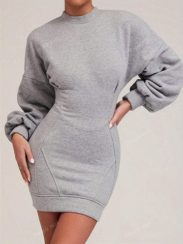 1pc Fashion Solid Color Bodycon Sweatshirt Dress With Long Sleeves, Autumn/Winter