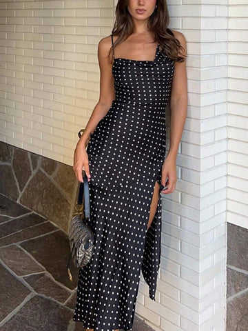 1pc Fashionable And Sexy Ladies' Polka Dot Print Slit Summer Dress