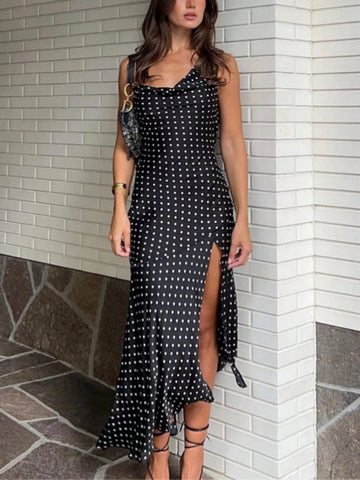 1pc Fashionable And Sexy Ladies' Polka Dot Print Slit Summer Dress