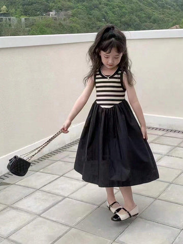 1pc Fashionable Striped Vest Sleeveless Dress For Toddler Girls, Summer