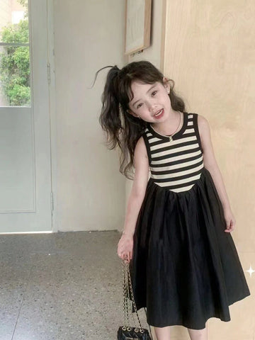 1pc Fashionable Striped Vest Sleeveless Dress For Toddler Girls, Summer