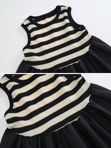 1pc Fashionable Striped Vest Sleeveless Dress For Toddler Girls, Summer