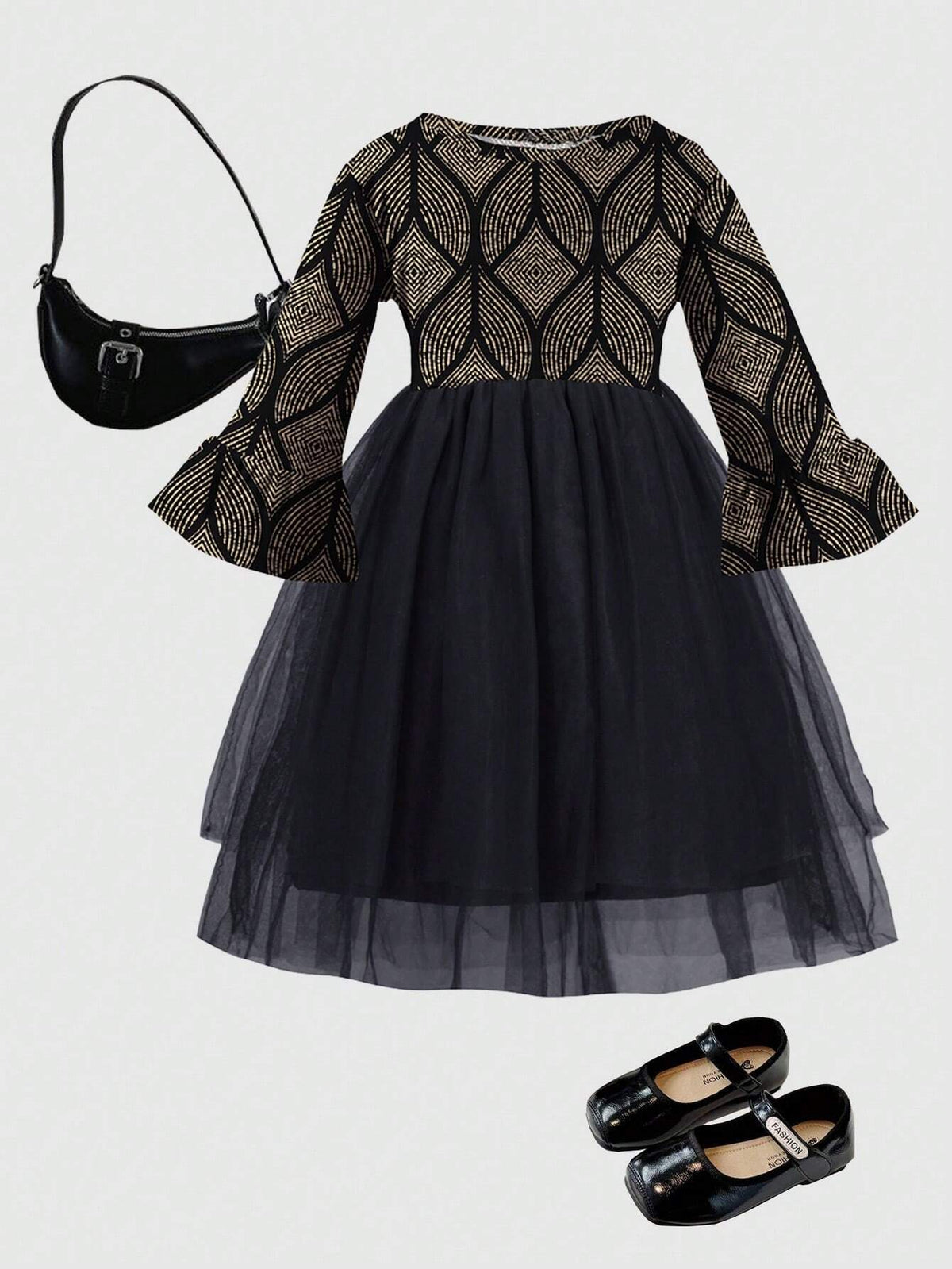 1pc Floral Foil Print Flare Sleeve Top & Mesh Insert Hem Dress, Fall/Winter