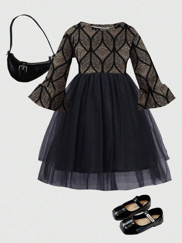 1pc Floral Foil Print Flare Sleeve Top & Mesh Insert Hem Dress, Fall/Winter