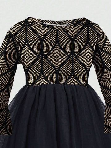 1pc Floral Foil Print Flare Sleeve Top & Mesh Insert Hem Dress, Fall/Winter