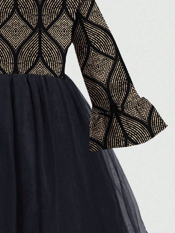1pc Floral Foil Print Flare Sleeve Top & Mesh Insert Hem Dress, Fall/Winter