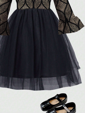 1pc Floral Foil Print Flare Sleeve Top & Mesh Insert Hem Dress, Fall/Winter