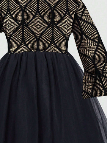 1pc Floral Foil Print Flare Sleeve Top & Mesh Insert Hem Dress, Fall/Winter