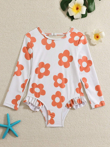 1pc Floral Print Ruffle Trim One-Piece Swimsuit For Young Girls