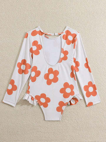 1pc Floral Print Ruffle Trim One-Piece Swimsuit For Young Girls